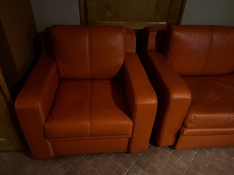 Sofa skorzana z funkcja spania + 2 fotele