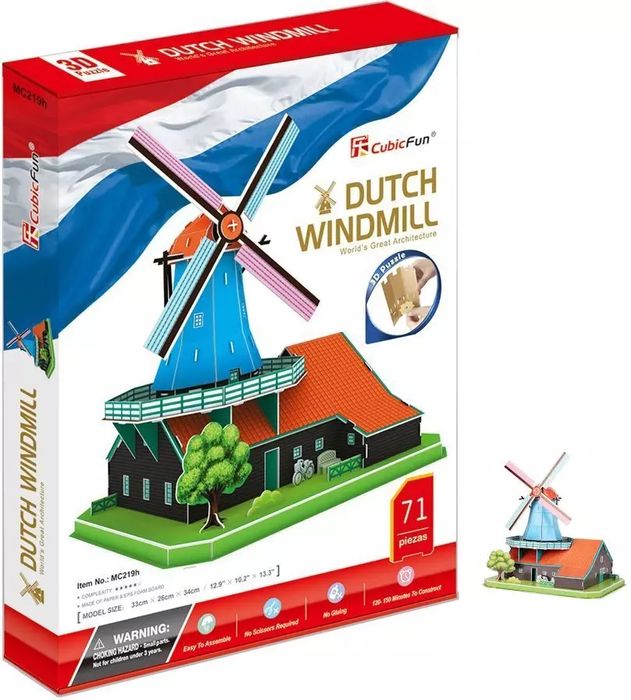 Puzzle 3D 71 elementów. Wiatrak Holenderski, zestaw XL. Dante