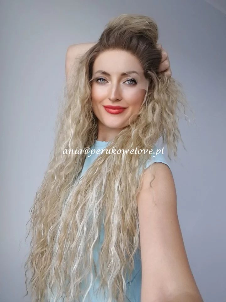 Peruka blond refleksy LACE FRONT z odrostem afro loki kręcone włosy