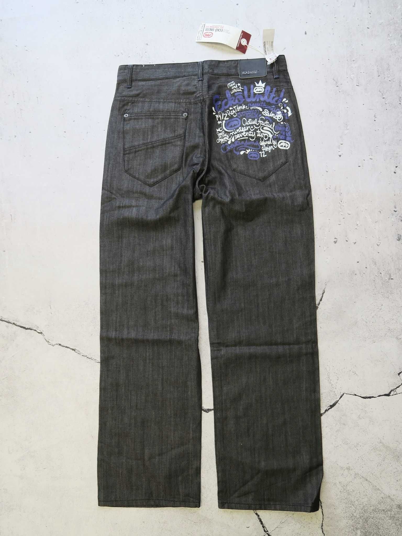 Ecko Unltd spodnie jeansowe z nadrukiem baggy szeroka nogawka M
