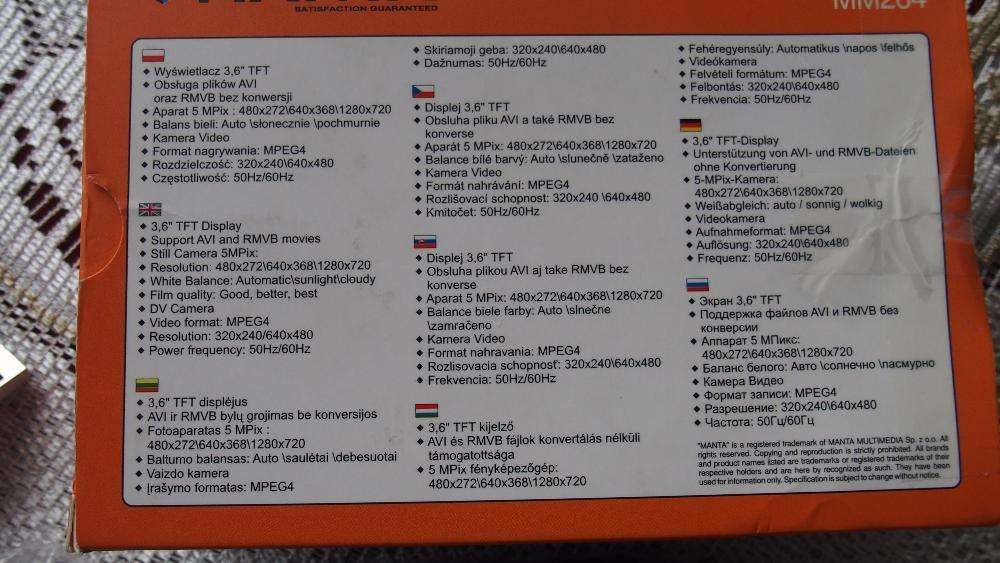 Manta MM264 Player, AVI, Game, 4GB, MP3, 5Mpix, 3.6" mp5 Zestaw