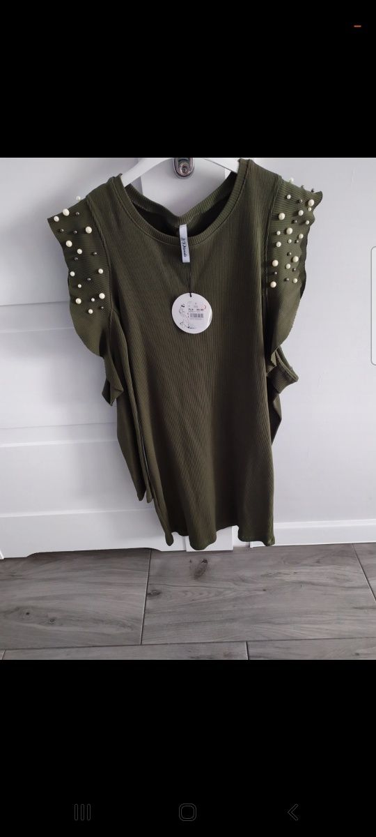Nowa sukienka khaki S, odkryte ramiona, perełki