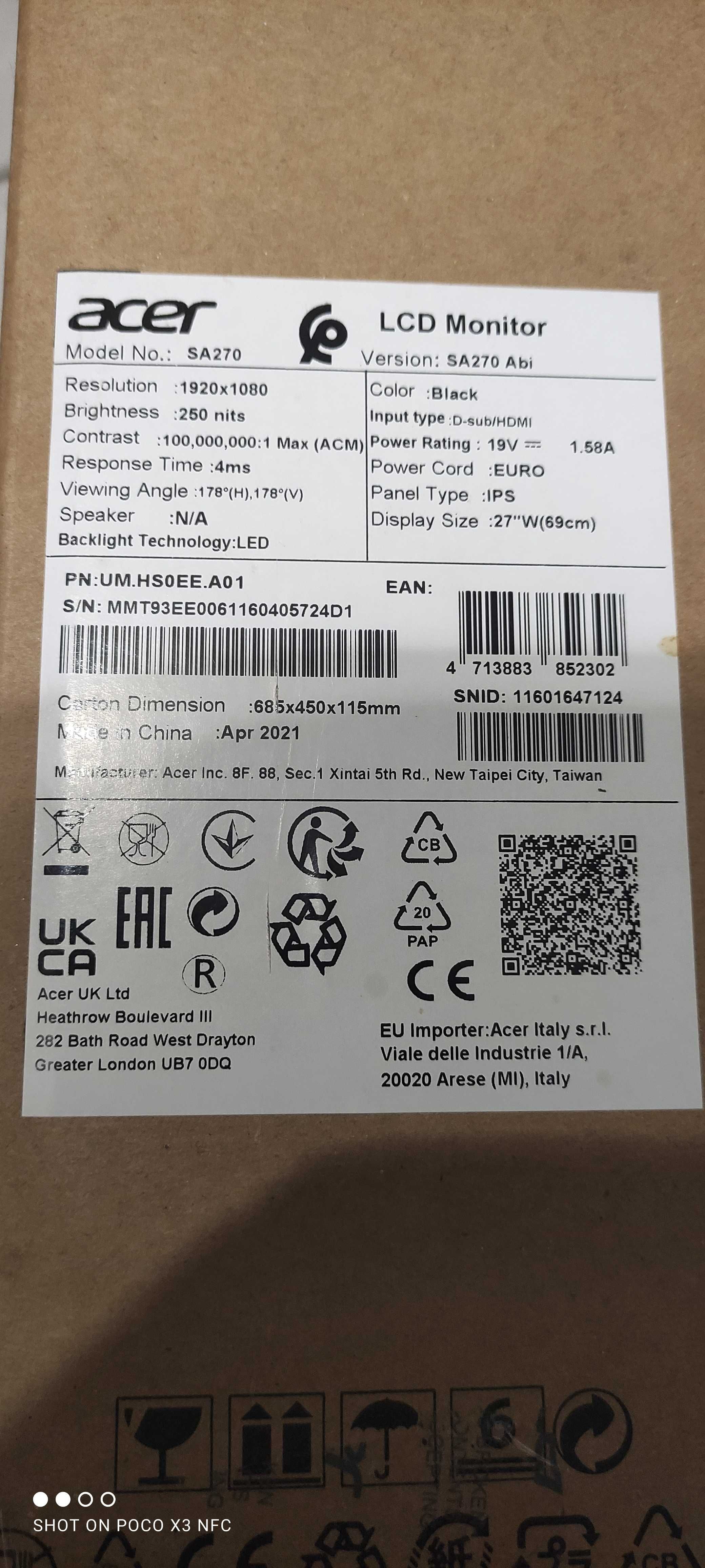 ACER 270 Abi новий монітор FULL HD  IPS 4ms коробка не відкривалась