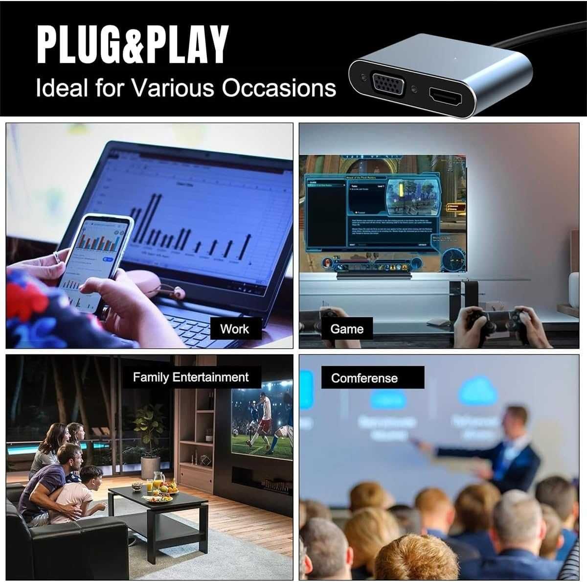 Przejściówka z USB C na HDMI VGA, Przejściówka 4 w 1 4K HDMI/1080P VGA