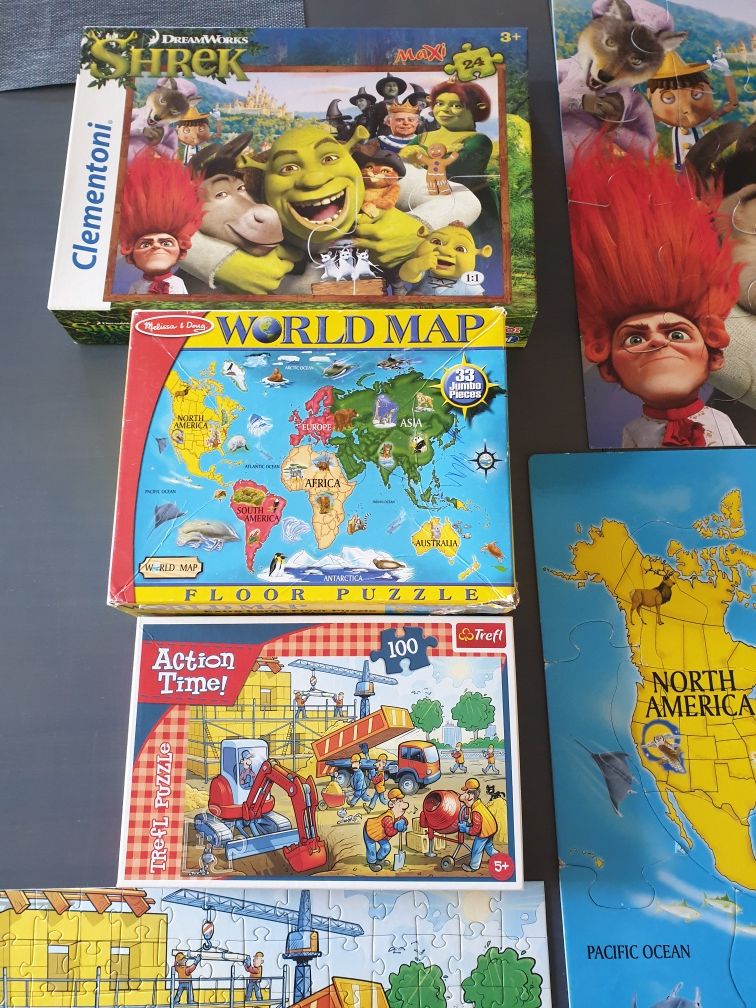 3 x puzzle ogromne Melissa & Doug world map duży Shrek oraz trefl