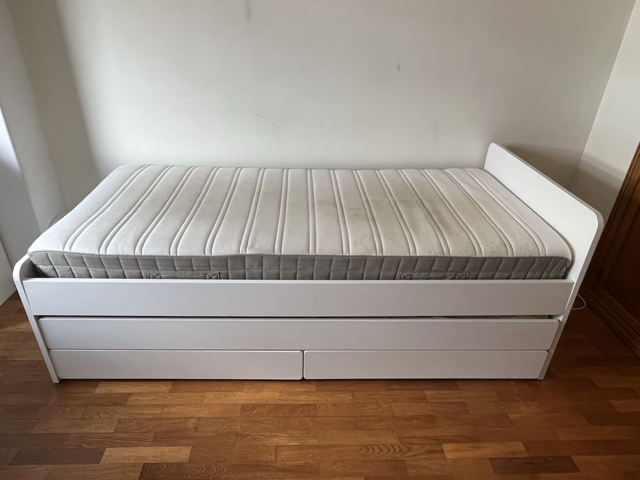 Cama individual c/cama-gaveta + arrumação, branco, 90x200 cm