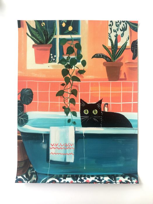 Plakat A4, retro, vintage, kotek w wannie, ozdoba do łazienki, 20/30cm