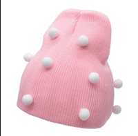 Nowa czapka niemowlęca dziewczęca różowa z białymi pomponikami
