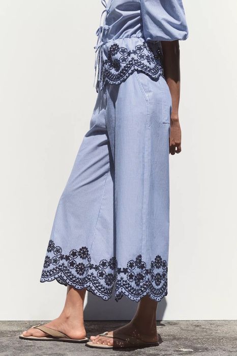 ZARA блакитний костюм котоновий кюлоти блуза в смужку хлопковый синий