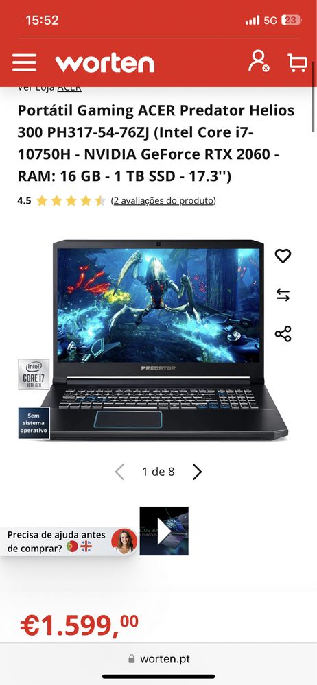 Portátil Gaming ACER Predator Helios 300