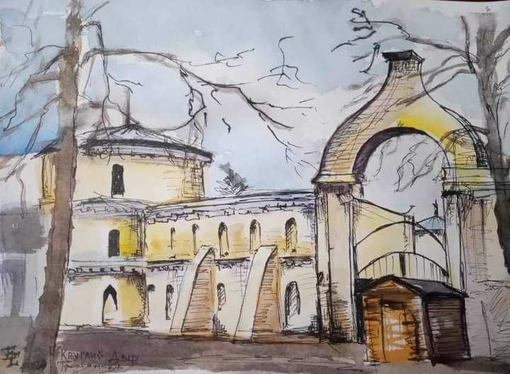 Графіка+ акварель. Круглий двір. Ворота.