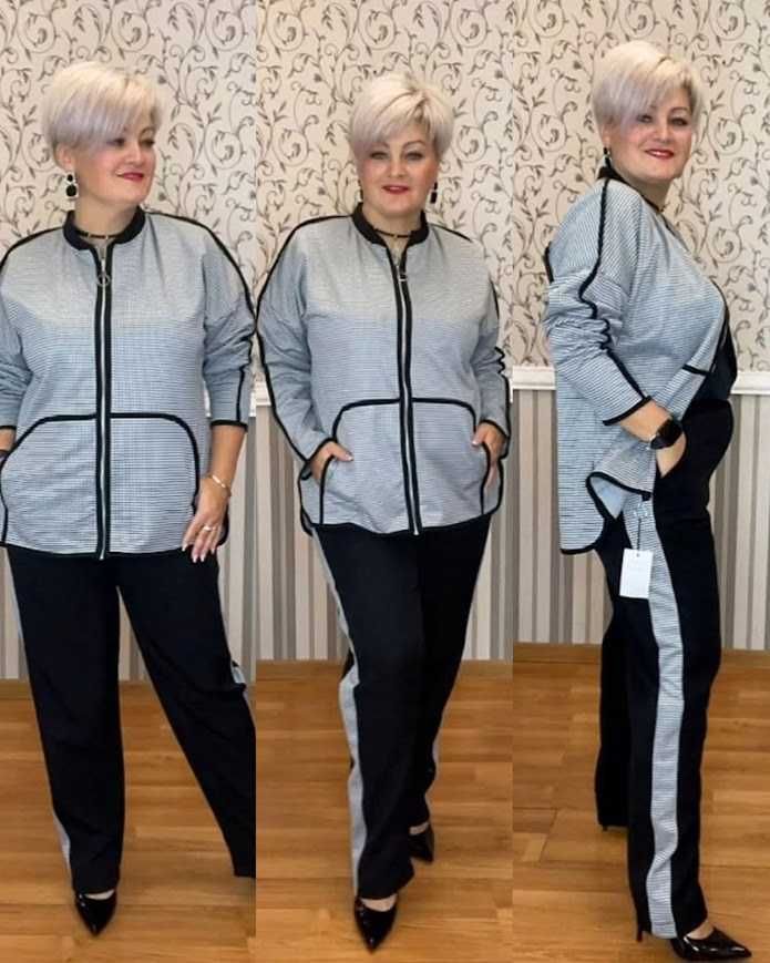 Костюм жіночий кофта-жакет і штани принт гусяча лапка розміри батал