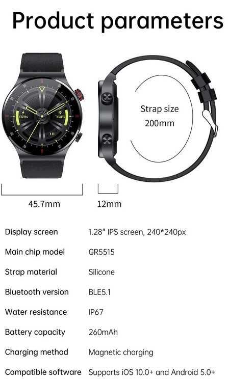 Relógio Inteligente , Chamada Bluetooth, iOS, Android, NFC, ECG, PPG