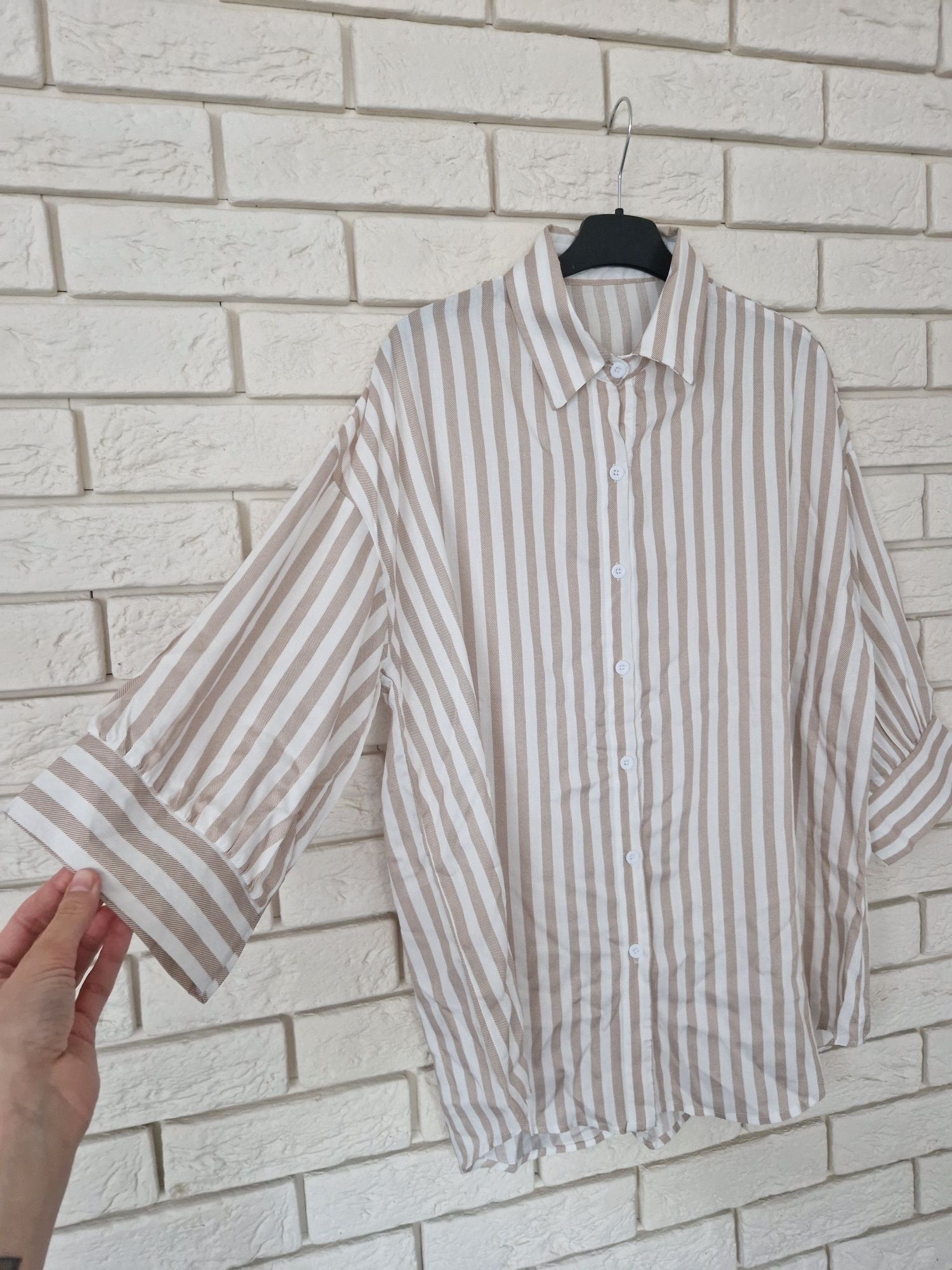 Beżowo-biała koszula w paski z wiskozy 42 XL plus size