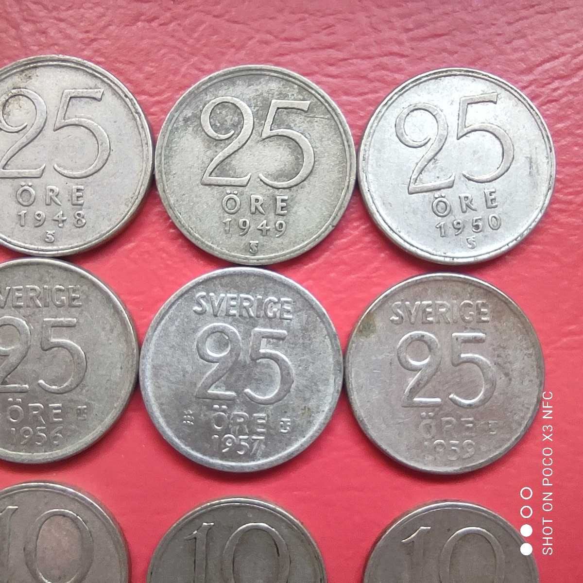 Monety srebrne 16 sztuk 10 i 25 ore Szwecja 1947 - 1961 srebro ag