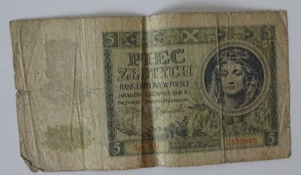 Banknot 5 zł Bank Emisyjny W Polsce Kraków 1 Sierpnia 1941 Seria AD