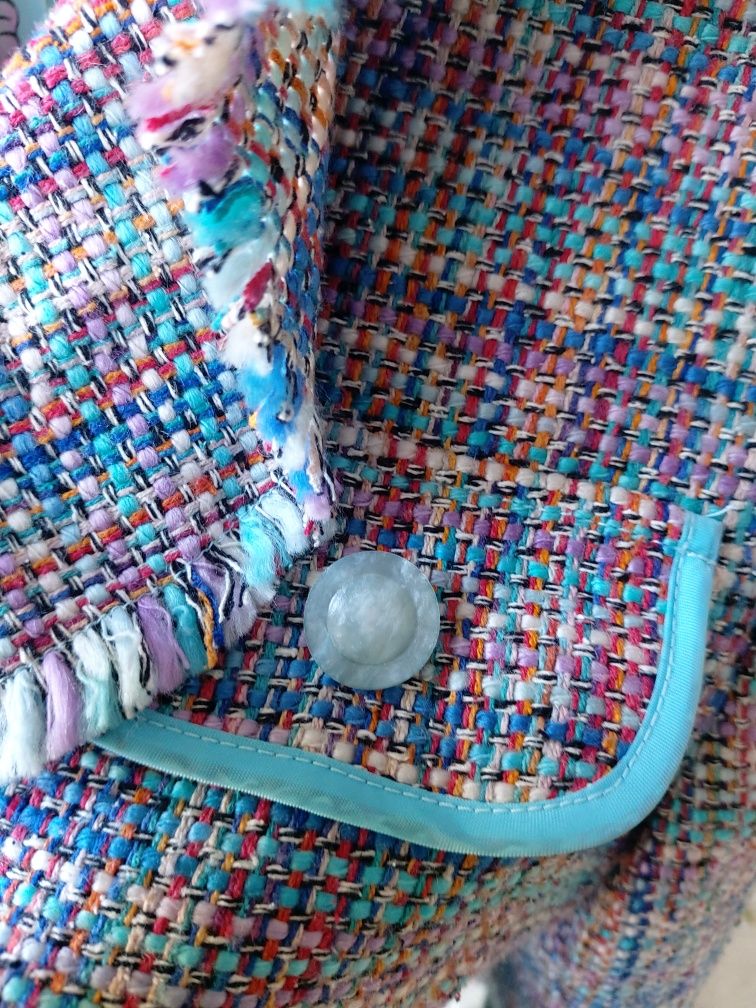 Oryginalna marynarka damska tweedowa kolorowa niebieska jedwab