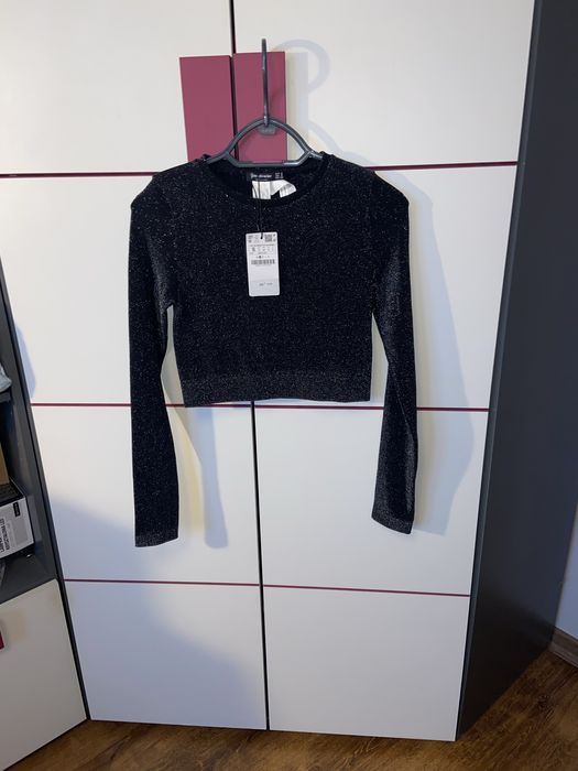 Czarna brokatowa bluzka Stradivarius S viral święta sylwester