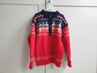 Czerwony granatowy sweter wełniany norweski wzór 128 134 handmade