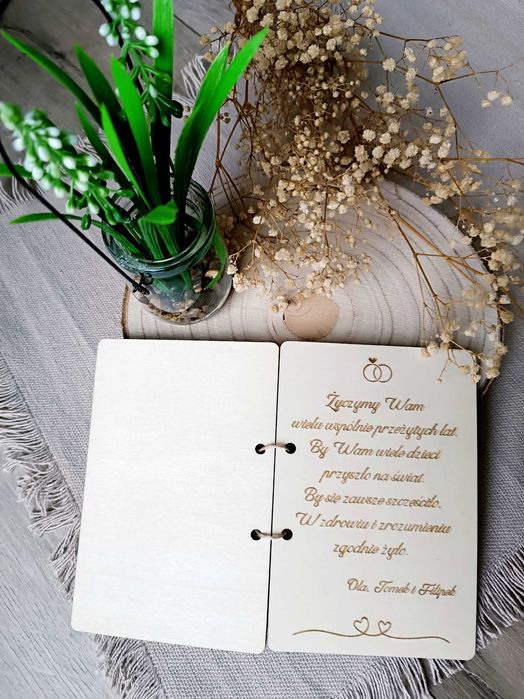 Personalizowana KARTKA ŚLUBNA drewniana z kopertą życzenia prezent