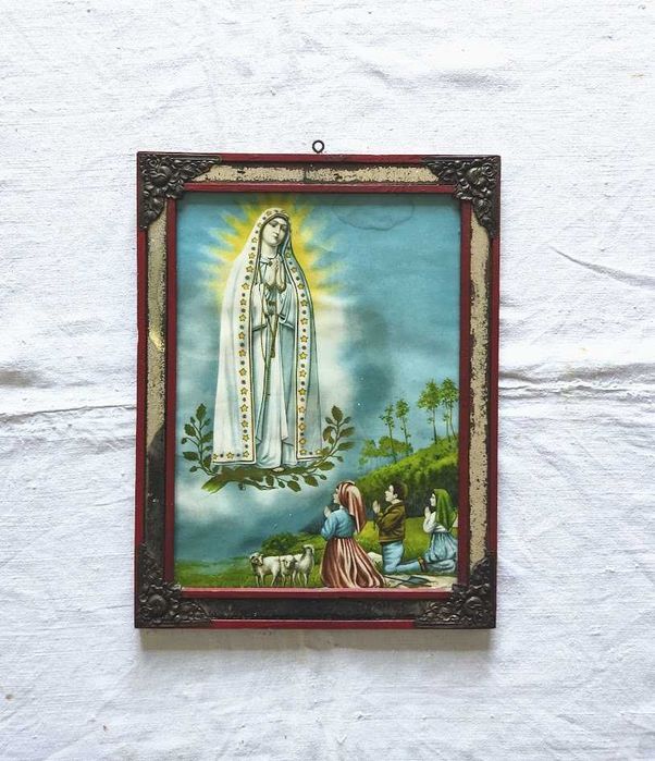 Quadro antigo com imagem Nossa Senhora de Fátima e os Pastorinhos
