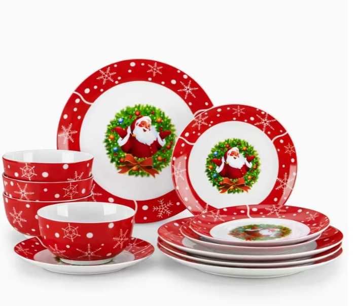Zestaw Talerzy Obiadowych Boże Narodzenie 16 elementów Święty Mikołaj