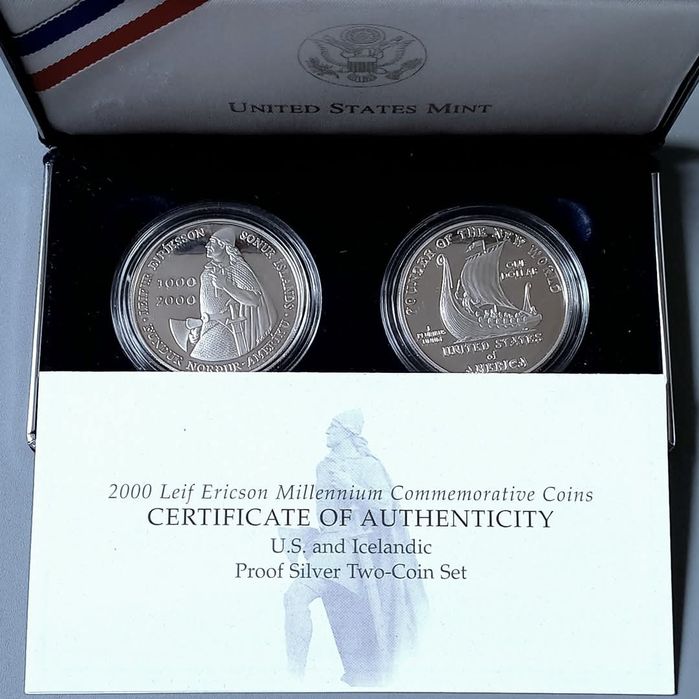 Набір! Долар США " Лейф Еріксон" 2000р. 1000 крон Ісландія. СРІБЛО.