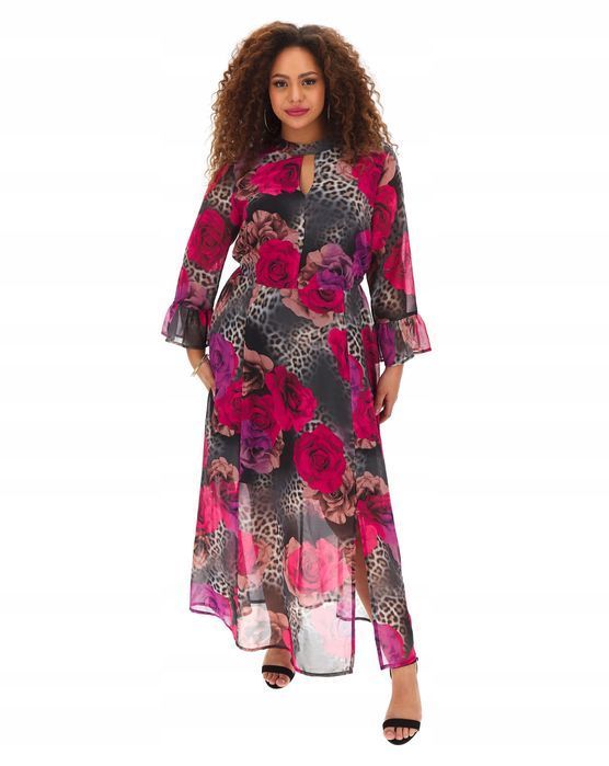 Sukienka maxi elegancka szyfonowa w róże 3XL 46