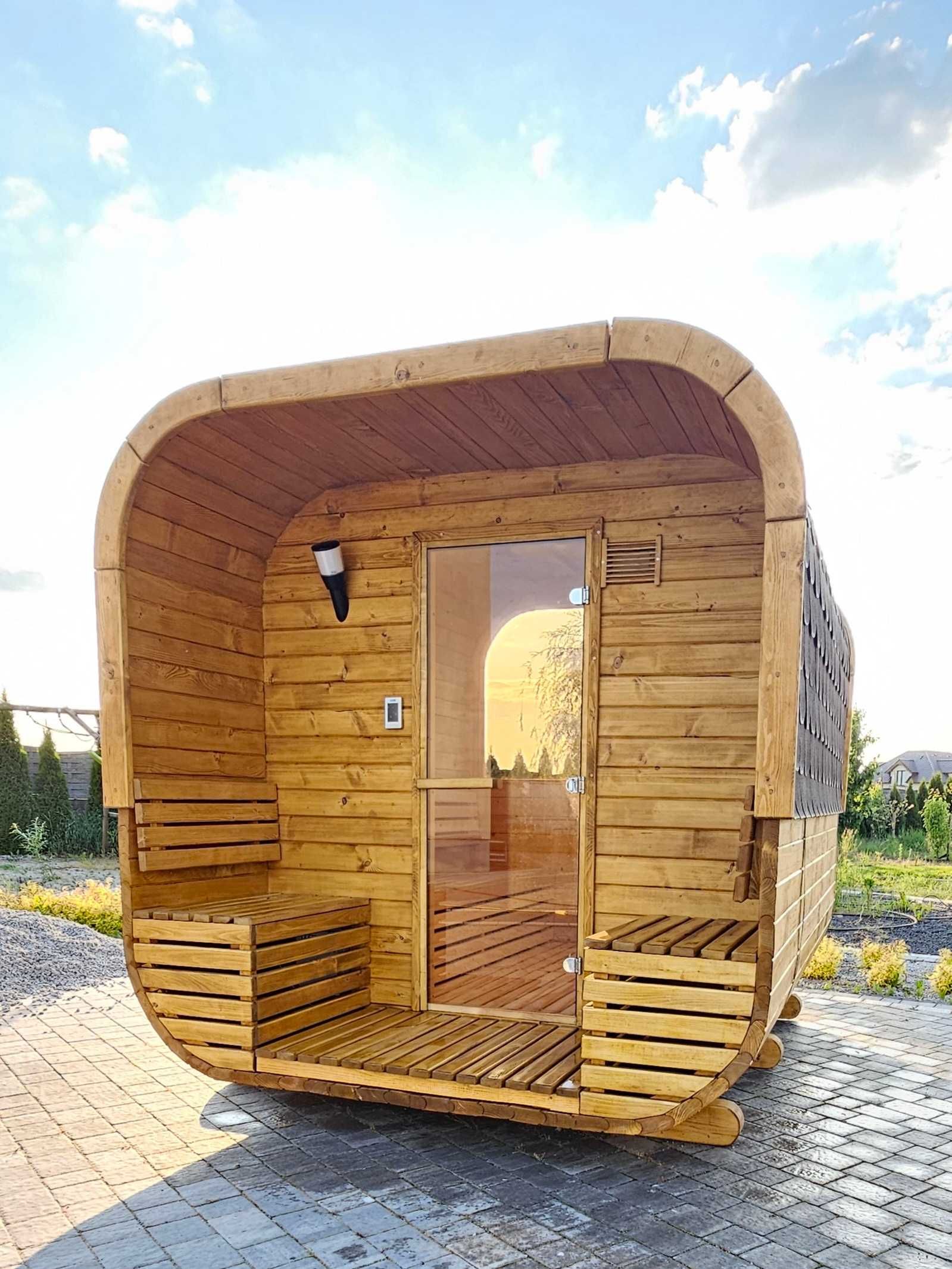 Sauna ogrodowa kwadro 300cm + pół panorama + akcesoria