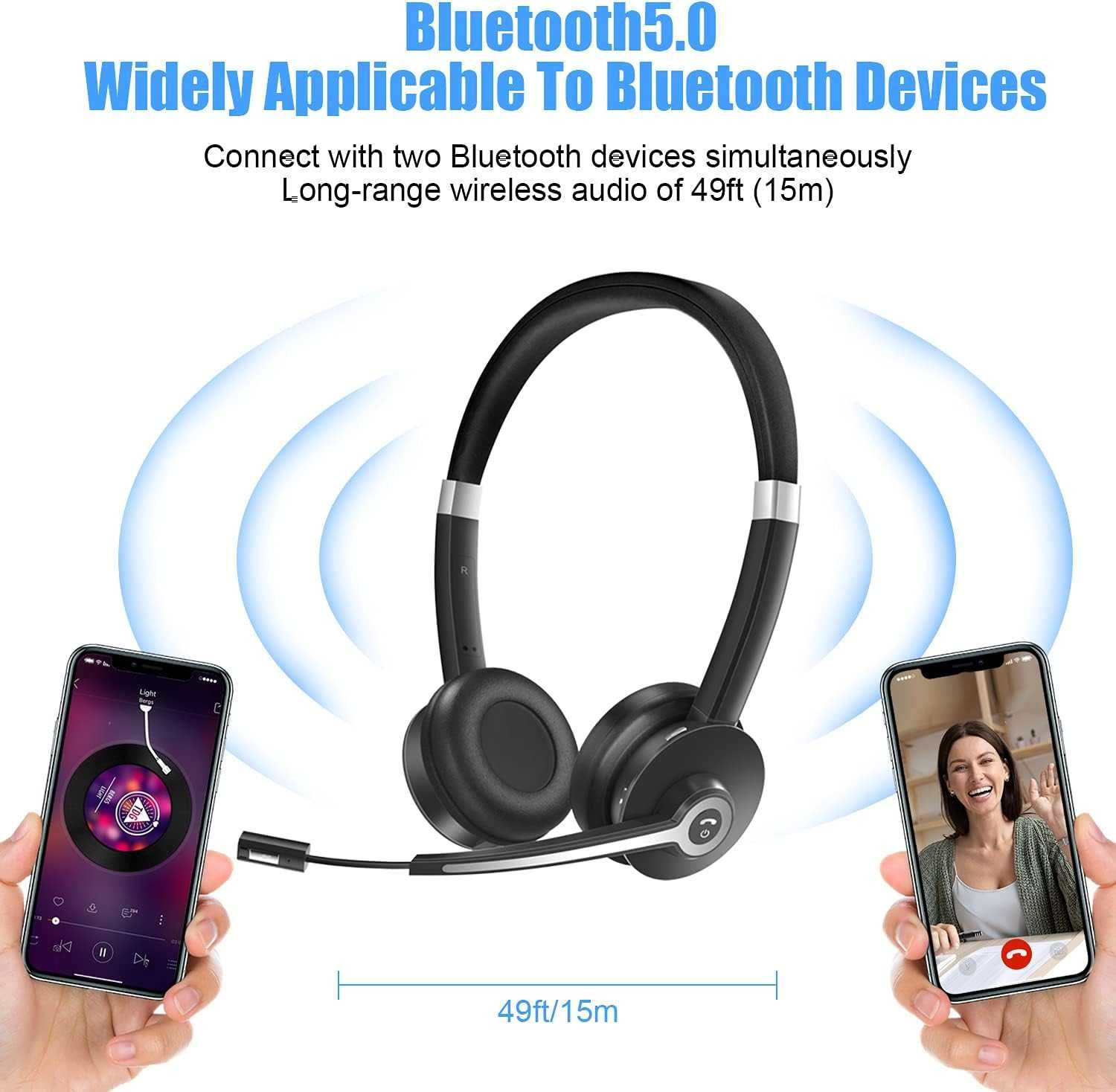 Zestaw Słuchawkowy Bluetooth z Mikrofonem, V5.0, Wyciszenie Mikrofonu