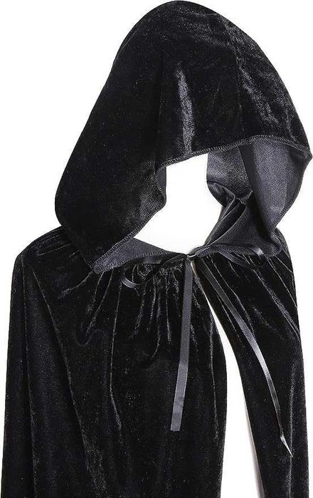 Czarna peleryna na Halloween z kapturem, aksamitna, 190 cm