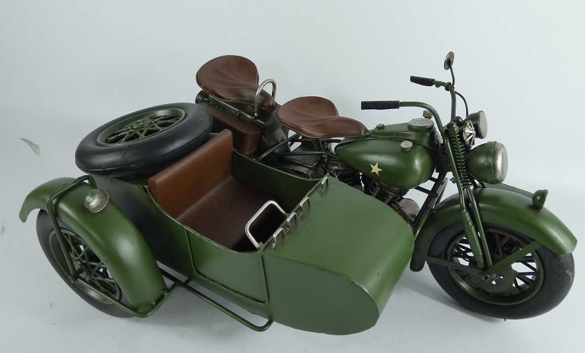 Duży Metalowy wojskowy MOTOCYKL z koszem retro pojazd model motor