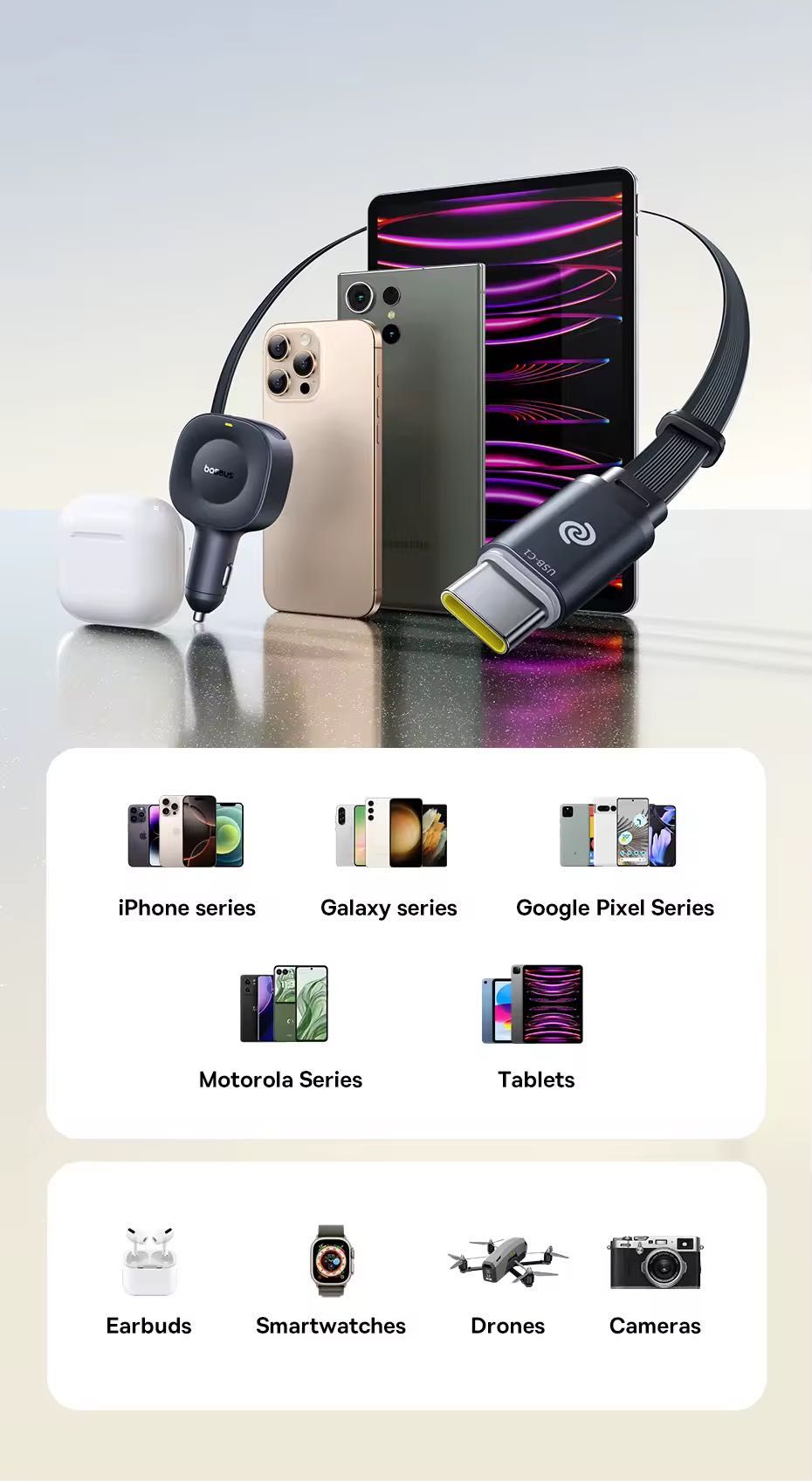 Baseus Szybka ładowarka samochodowa 30 W Wysuwany kabel C USB-C