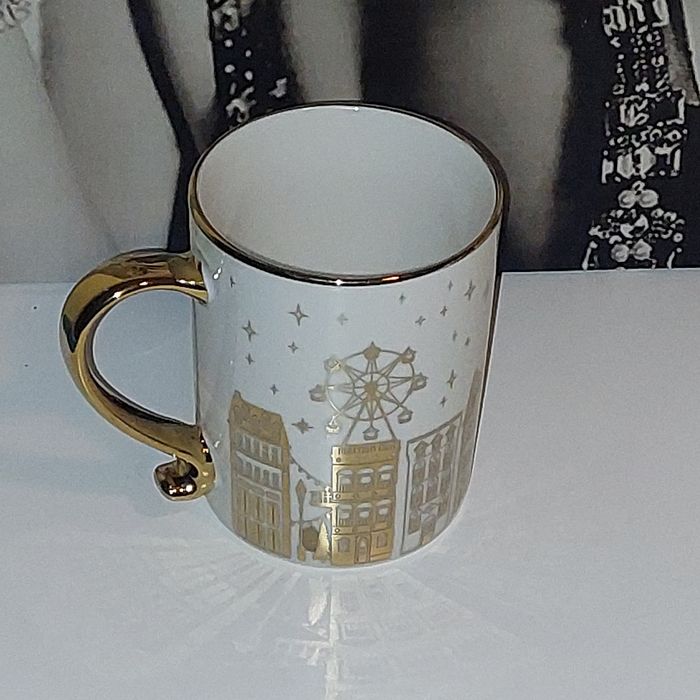 1zł Wysyłka Śliczny glamour kubek ceramiczny z motywem złotych domków