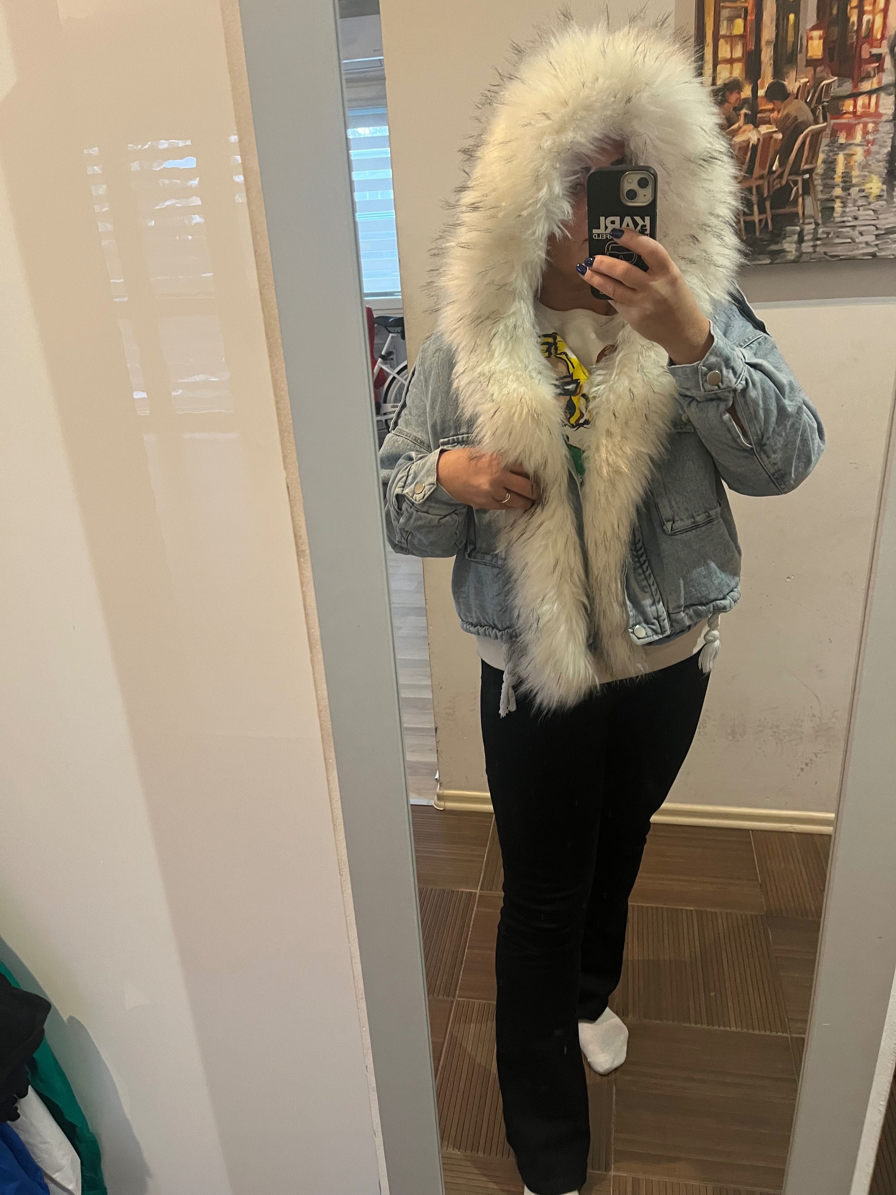 przepiękna jeansowa kurtka zimowa odpinane futerko kaptur oversize niu