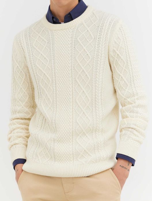 Sweter męski beżowy L warkoczowy splot WÓLCZANKA
