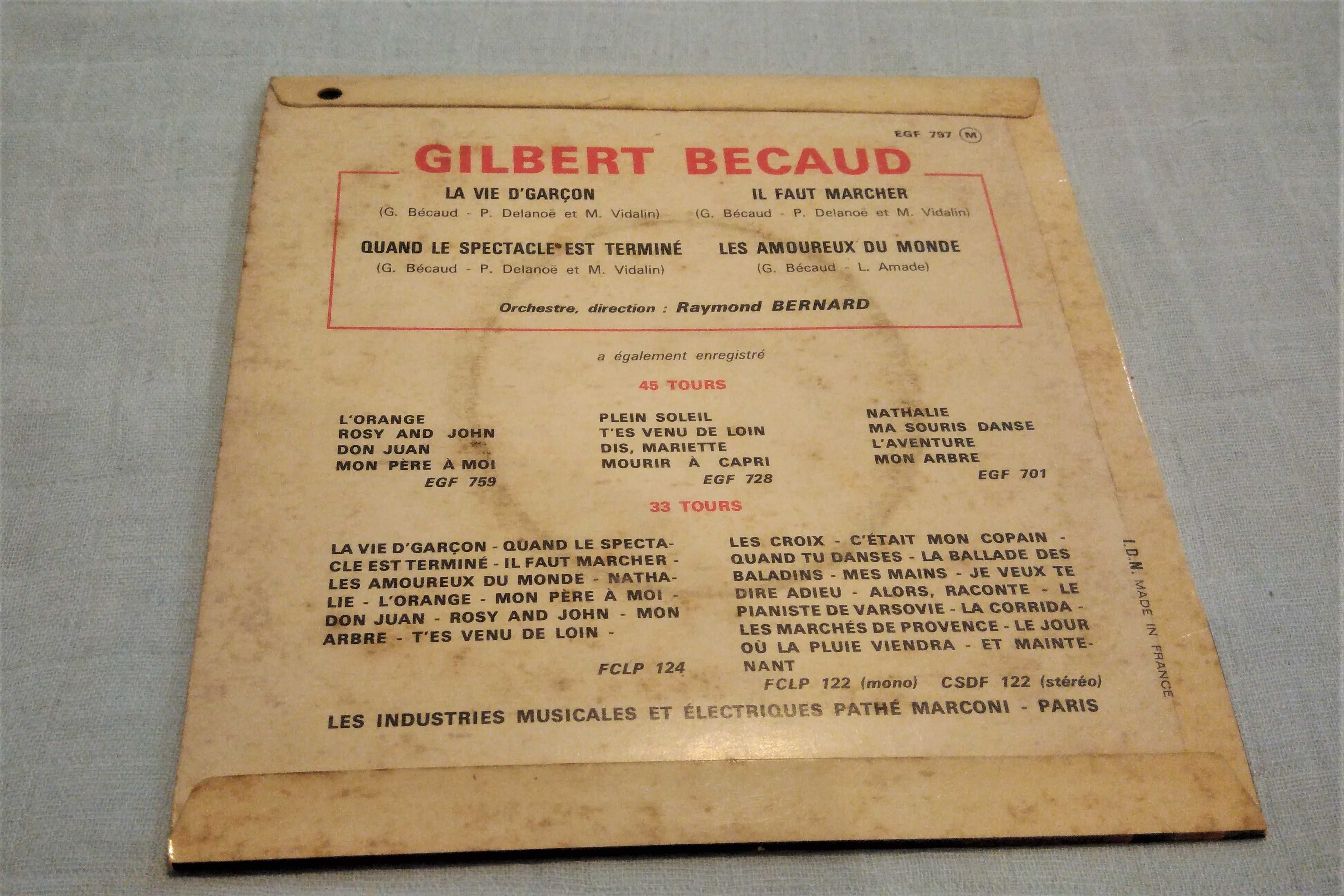 Disco vinil single La vie d'garçon Les amoureaux, Gilbert Bécaud, 1986