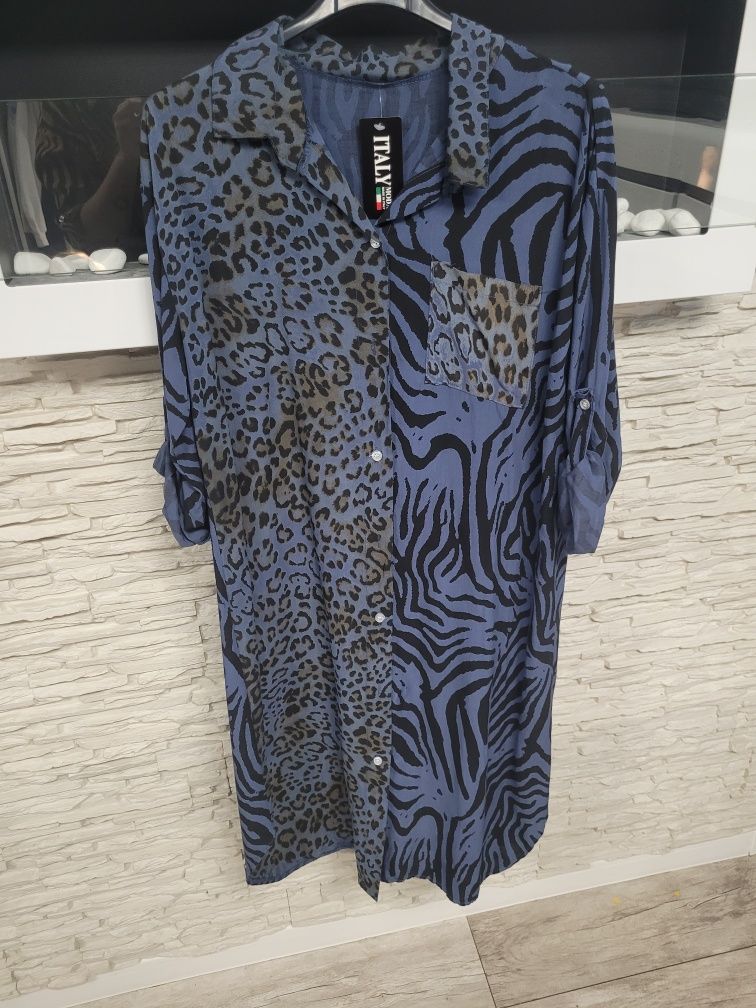 Nowa sukienka koszulowa midi zebra panterka  niebieska
