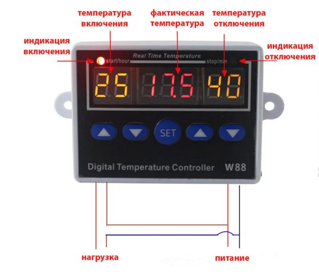 Терморегулятор W88 12/220В термостат -19 до +99 10A (W1411) в корпусе