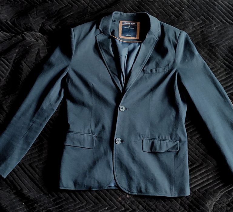 Marynarka męska granatowa niebieskia łaty brąz