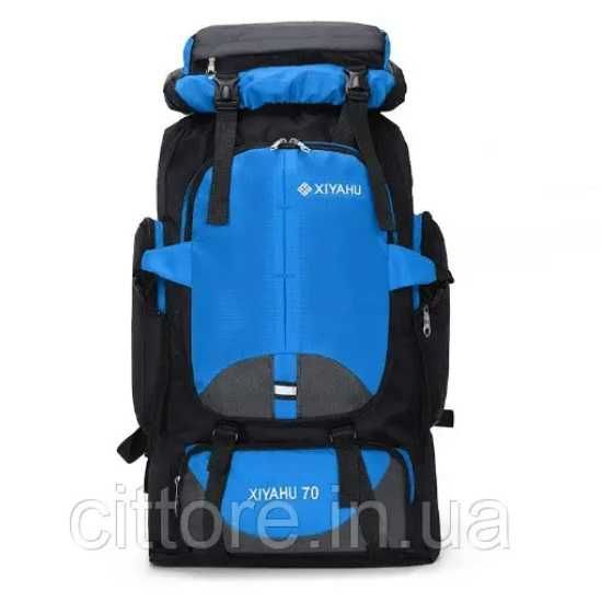 Рюкзак туристический походный текстиль 70 л, Черный синий голубой