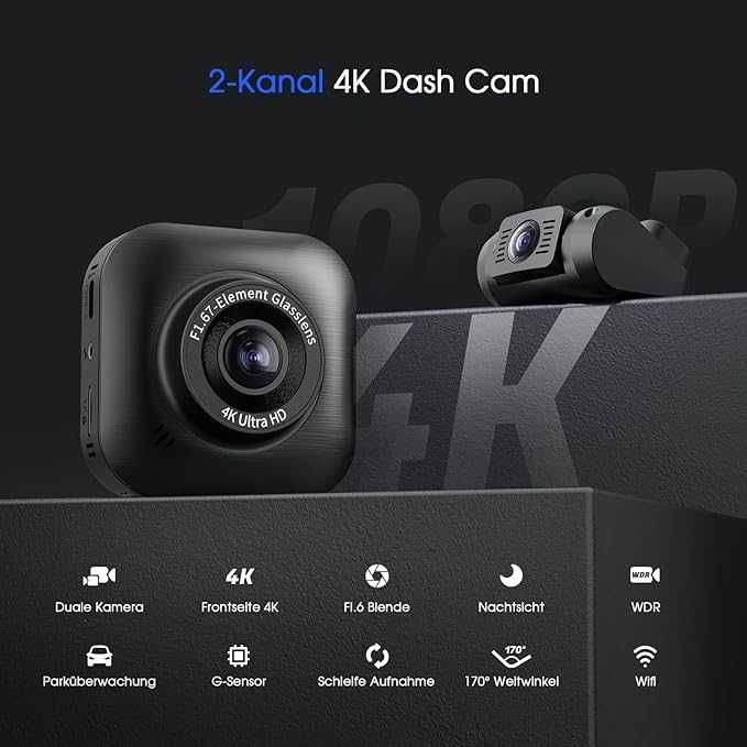 Kamera samochodowa z przodu i z tyłu 4K / 1080P WiFi Dash Cam