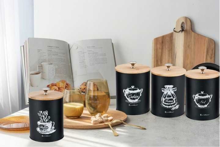 POJEMNIKI kuchenne ZESTAW 4szt Kawa Herbata Cukier Sól