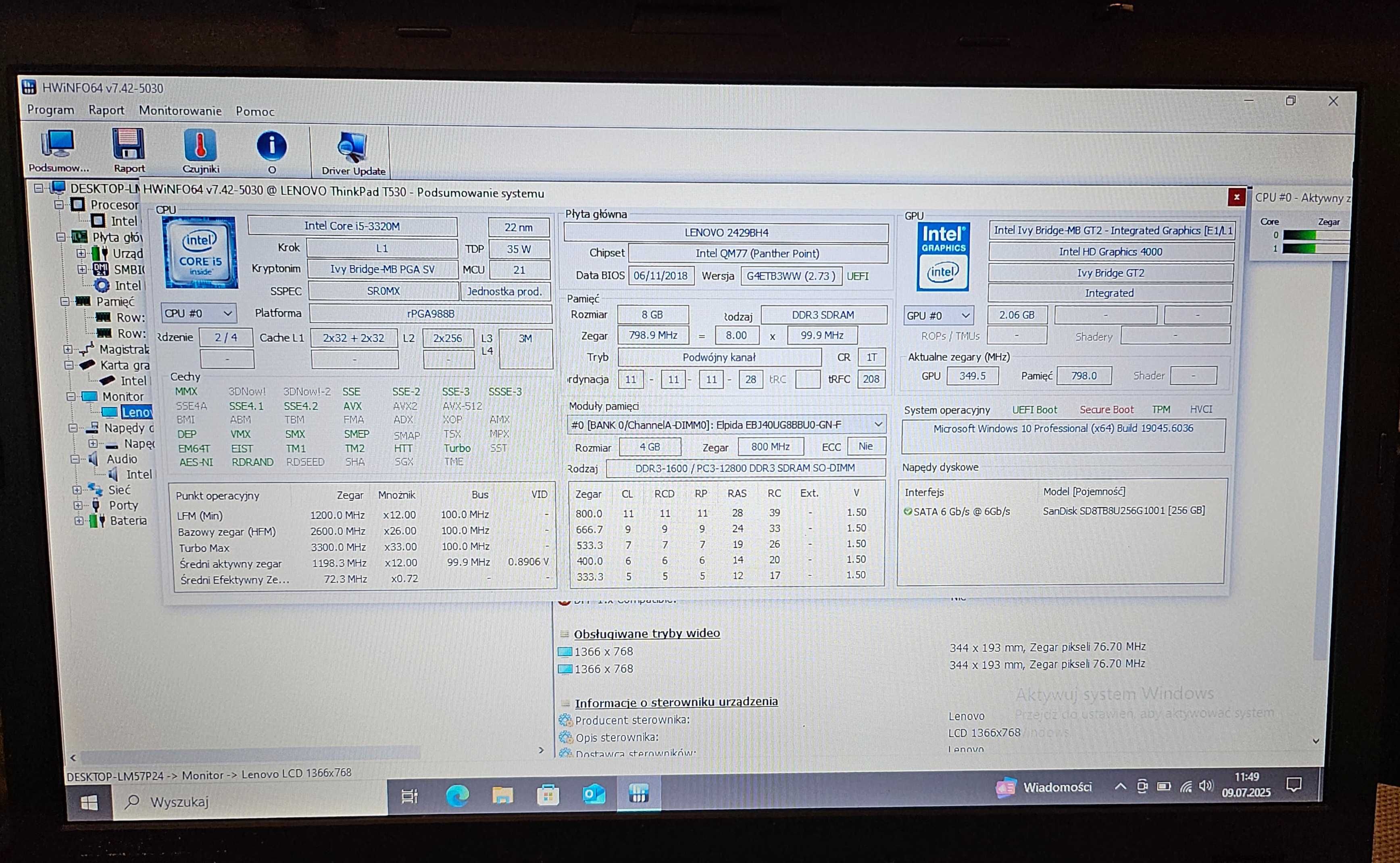 A132] Laptop Lenovo ThinkPad T530 i5-3320M 8GB3 256GB SSD bateria