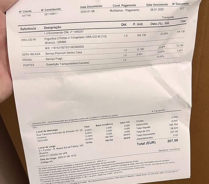 Frigorifico Orima com Caixa e Nota