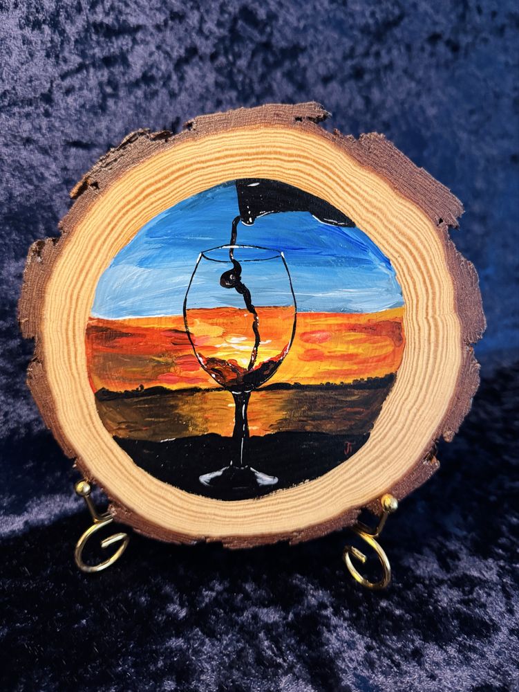 Copo de Vinho ao Pôr do Sol – Arte em Madeira Pintada à Mão