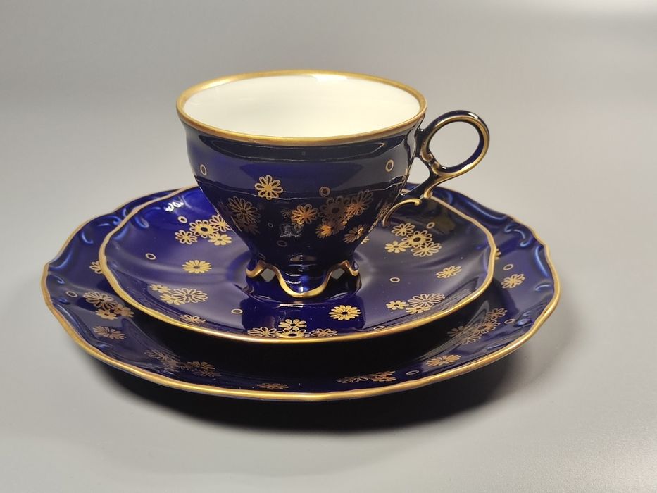 Lichte Fine China trio zestaw śniadaniowy, filiżanka, kobalt NRD / DDR