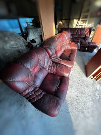 Wypoczynek - naturalna skóra, 2x sofa / kanapa, 2x fotel, 2x pufa