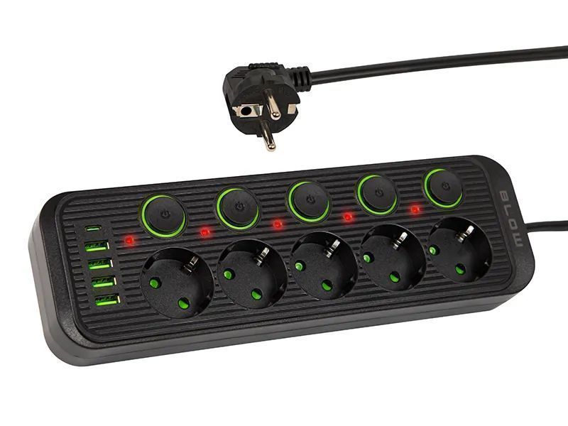 Listwa przedłużacz 5 gniazd + 4x USB + 1x USC-C 5m czarny 98-209#