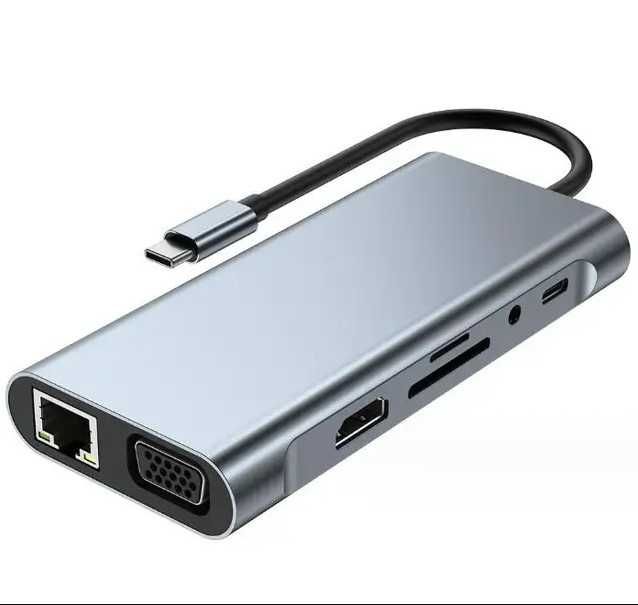 USB Hub 11 в 1 - Type C + Lan + HDMI + VGA (юсб хаб). Windows/MacBook.